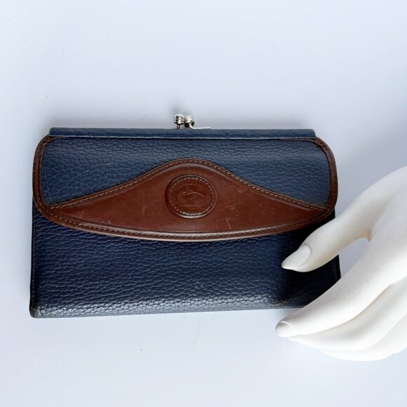 Dooney & Bourke Checkbook Wallet Blue AWL Brown Leather Trim Duck Kisslock - Picture 2 of 10